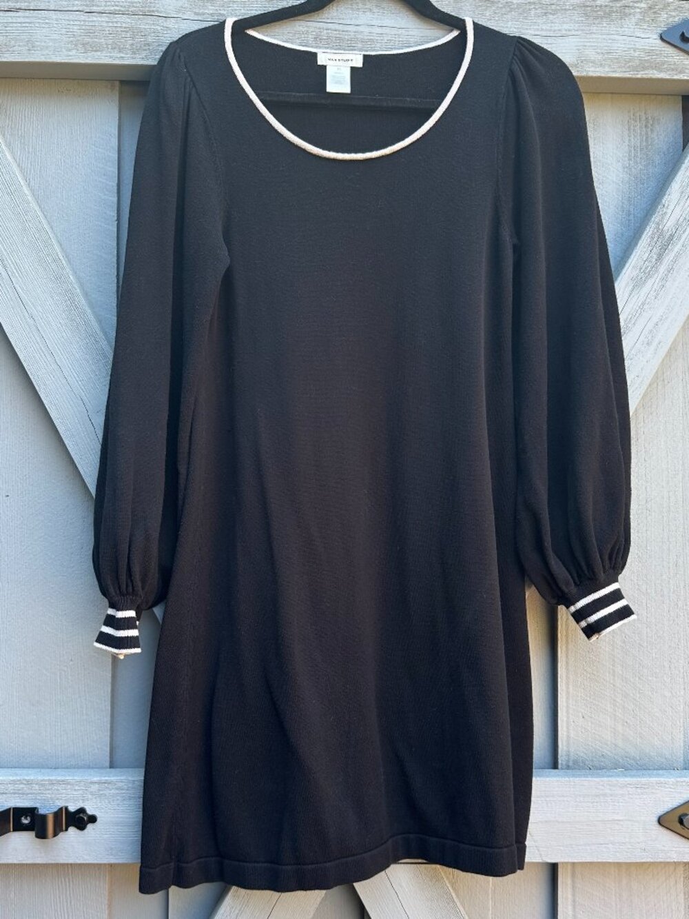 Max Studio Black Knit Shift Dress M Balloon Sleeves White Trim Cotton Rayon